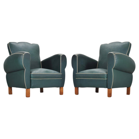 Pair of 20th Century French Art Deco Period Green Club Chairs