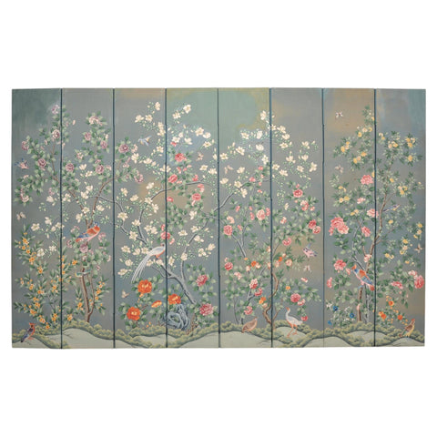 Gracie Style 8 Panel Chinoiserie Painted Wallpaper Screen 12 Ft