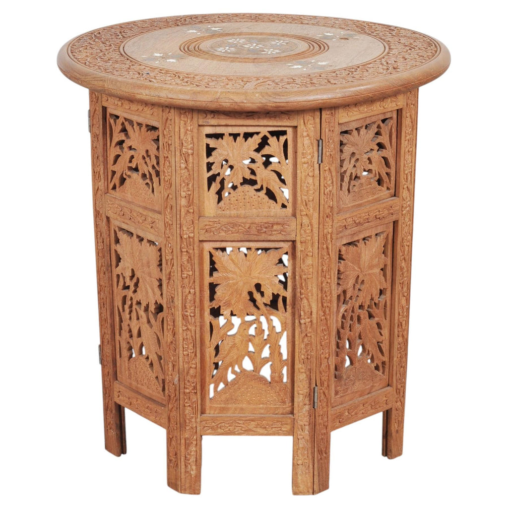 Moorish Style Carved Teak Inlaid Round Tabouret Drink Table