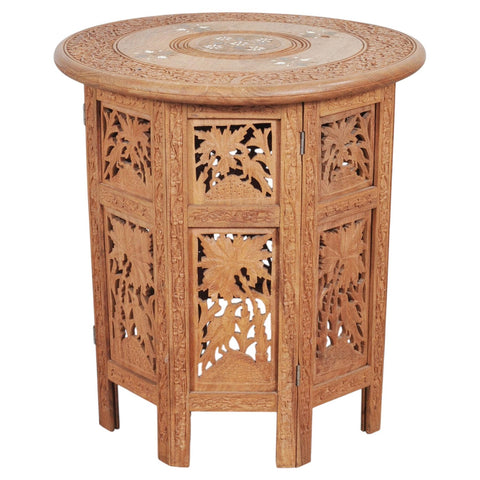 Moorish Style Carved Teak Inlaid Round Tabouret Drink Table