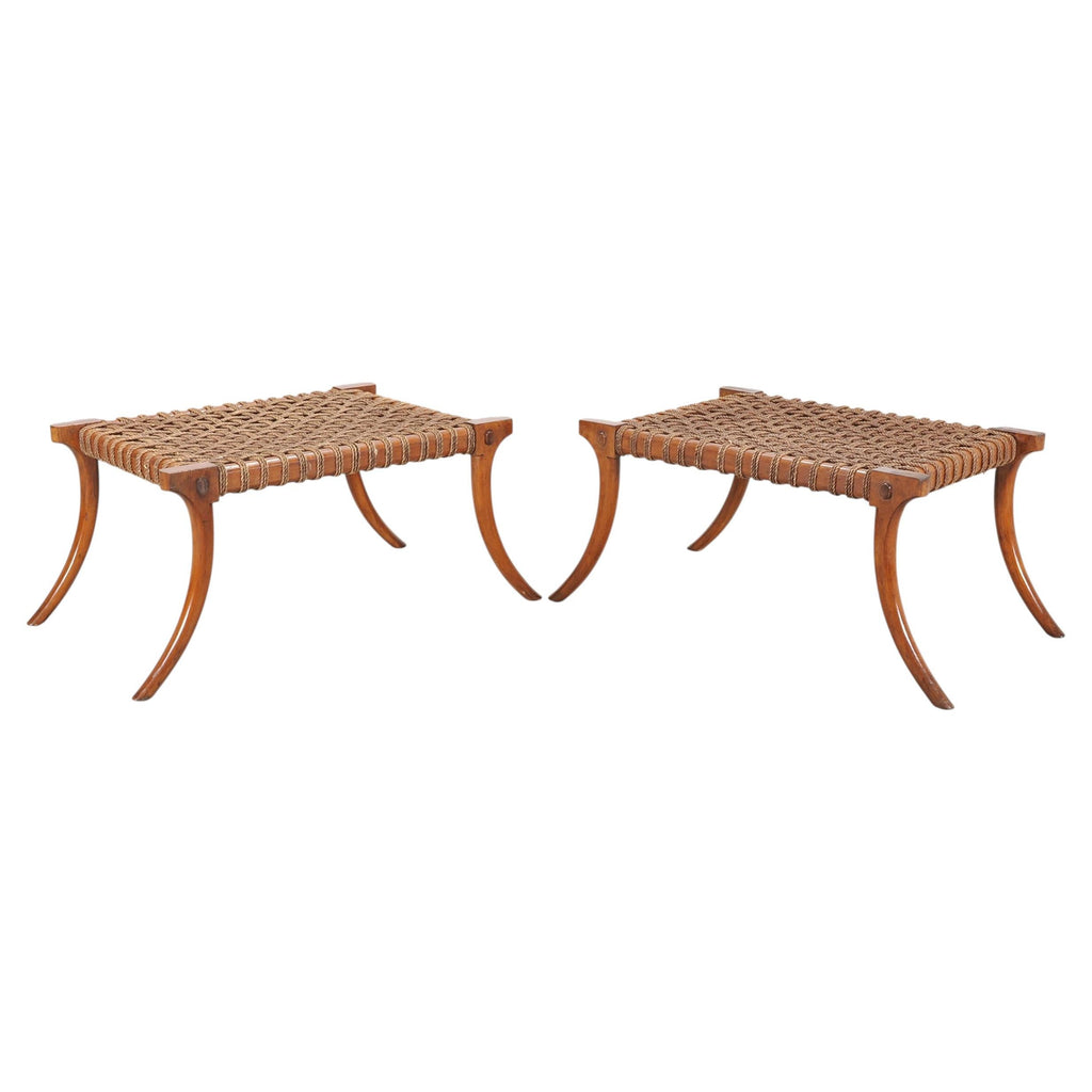Pair of Robsjohn-Gibbings Style Walnut Klismos Rope Benches