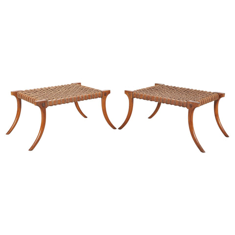 Pair of Robsjohn-Gibbings Style Walnut Klismos Rope Benches