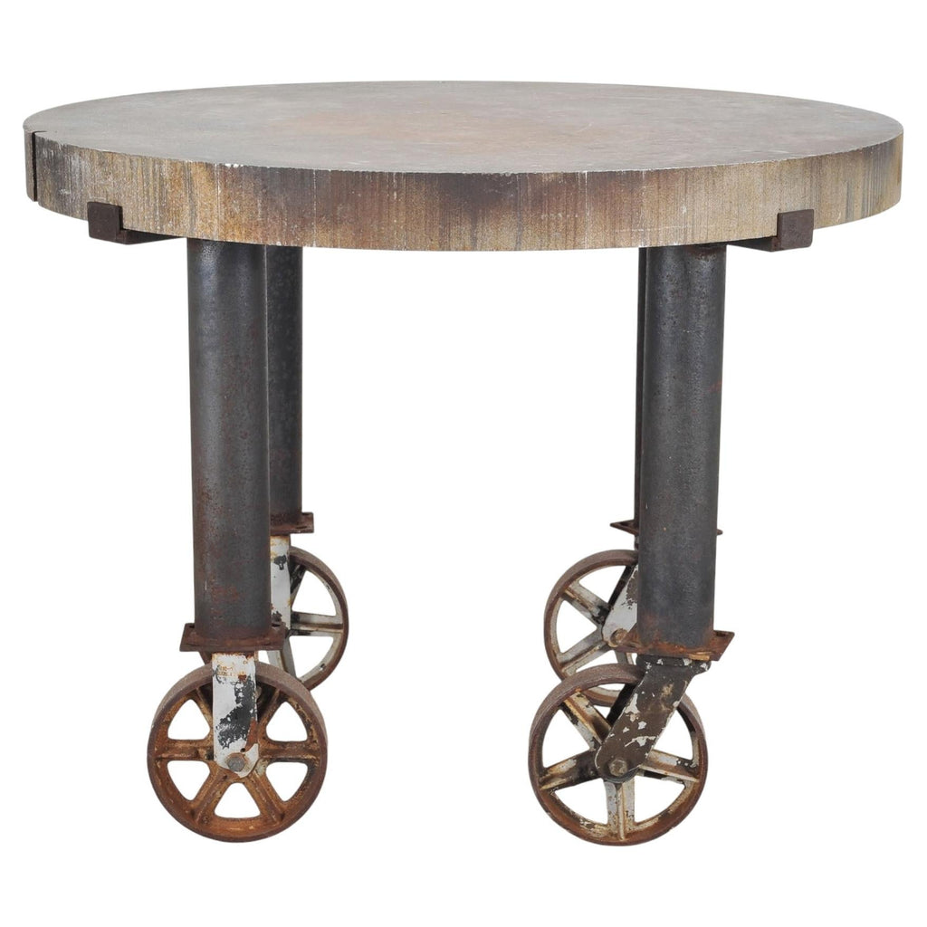 Industrial Style Round Machined Iron Center Table on Casters
