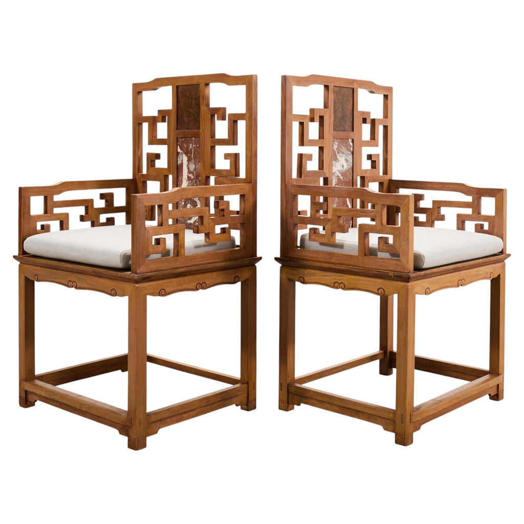 Pair of Chinese Ming Style Scholar's Armchairs with Marble Inset