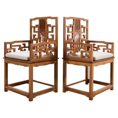 Pair of Chinese Ming Style Scholar's Armchairs with Marble Inset