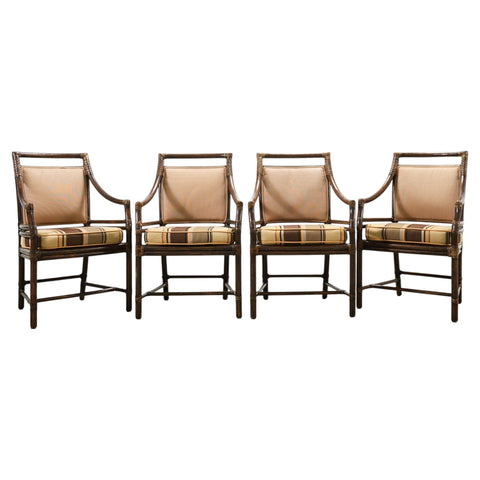 Set of Four McGuire Rattan Target Upholstered Dining Armchairs