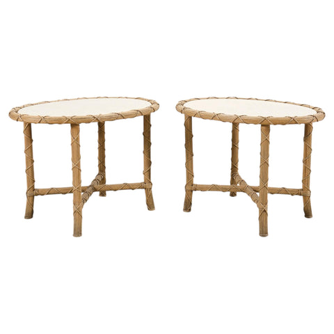 Pair of Danny Ho Fong Organic Modern Rattan Marble Tables