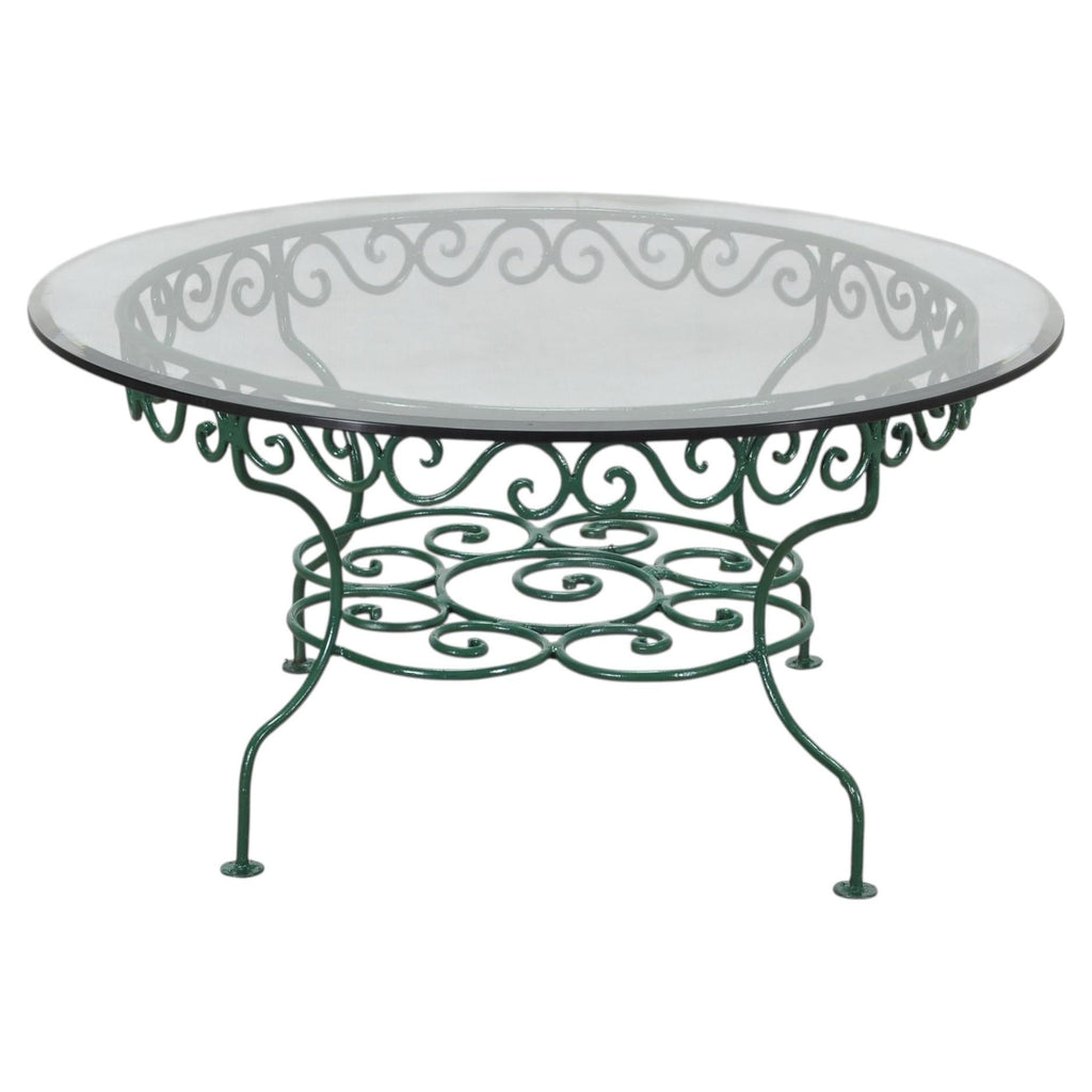 O.W. Lee American Regency Style Wrought Iron and Glass Scrolled Garden Table