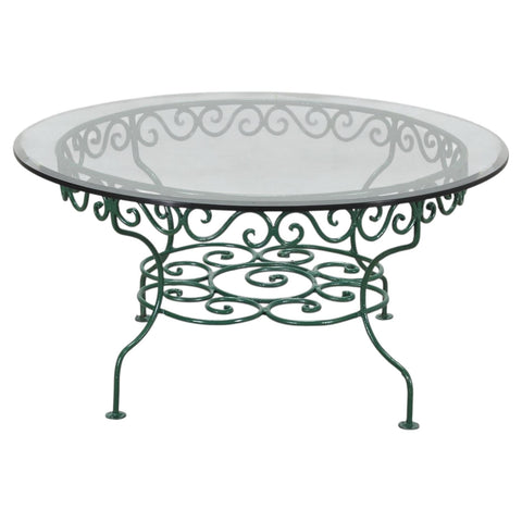 O.W. Lee American Regency Style Wrought Iron and Glass Scrolled Garden Table