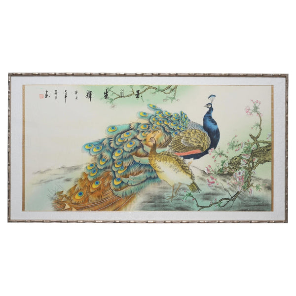 20th C. Chinese Export Pair of Peacocks and Flowers Painting