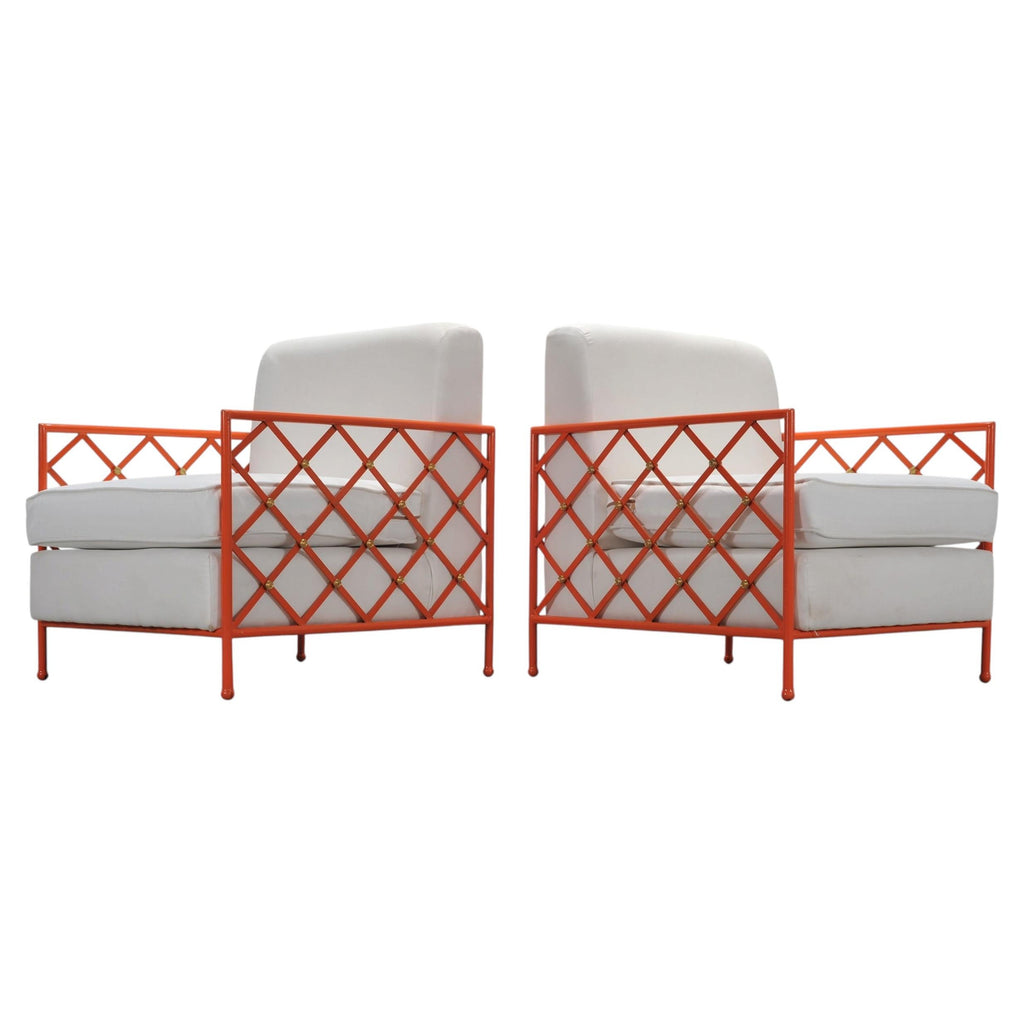 Pair of French Maison Jean Orange Iron Lattice Lounge Chairs