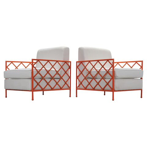 Pair of French Maison Jean Orange Iron Lattice Lounge Chairs