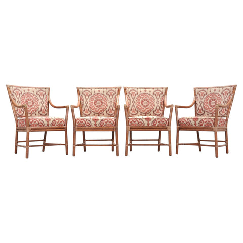 Set of Four McGuire Spindle-Back Rattan Ikat Dining Armchairs
