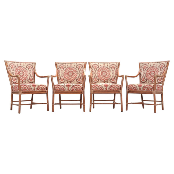 Set of Four McGuire Spindle-Back Rattan Ikat Dining Armchairs