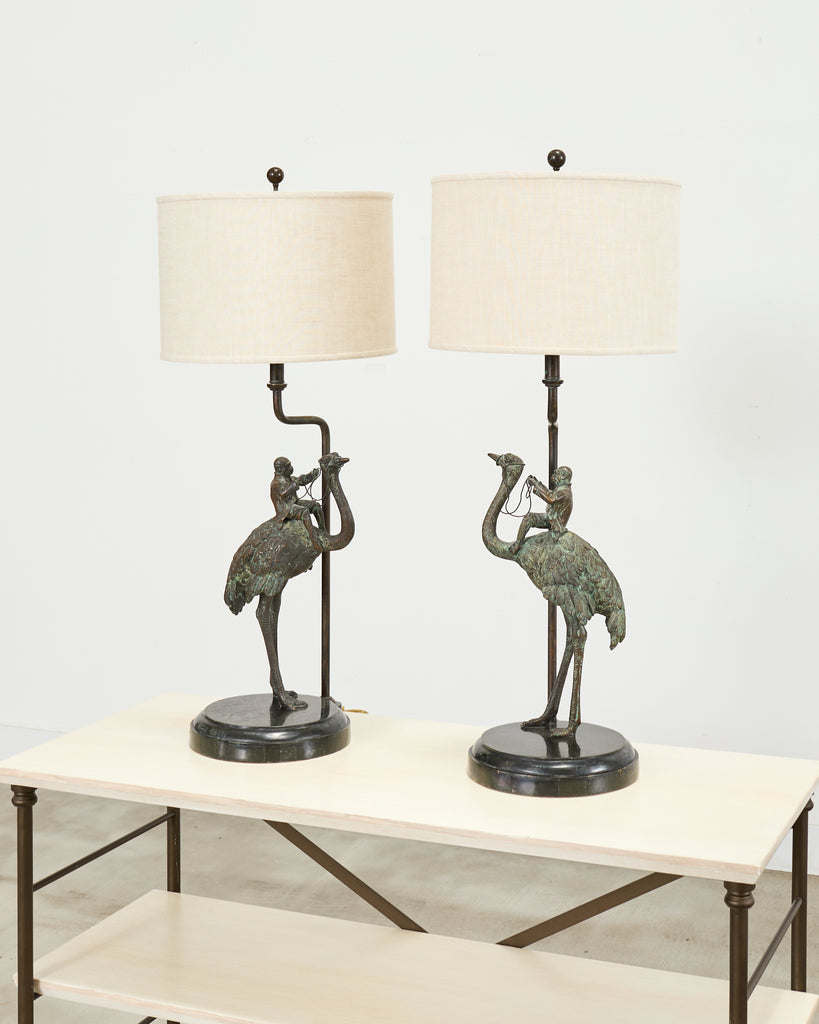 Pair of Maitland-Smith Bronze Monkey Ostrich Table Lamps – Erin