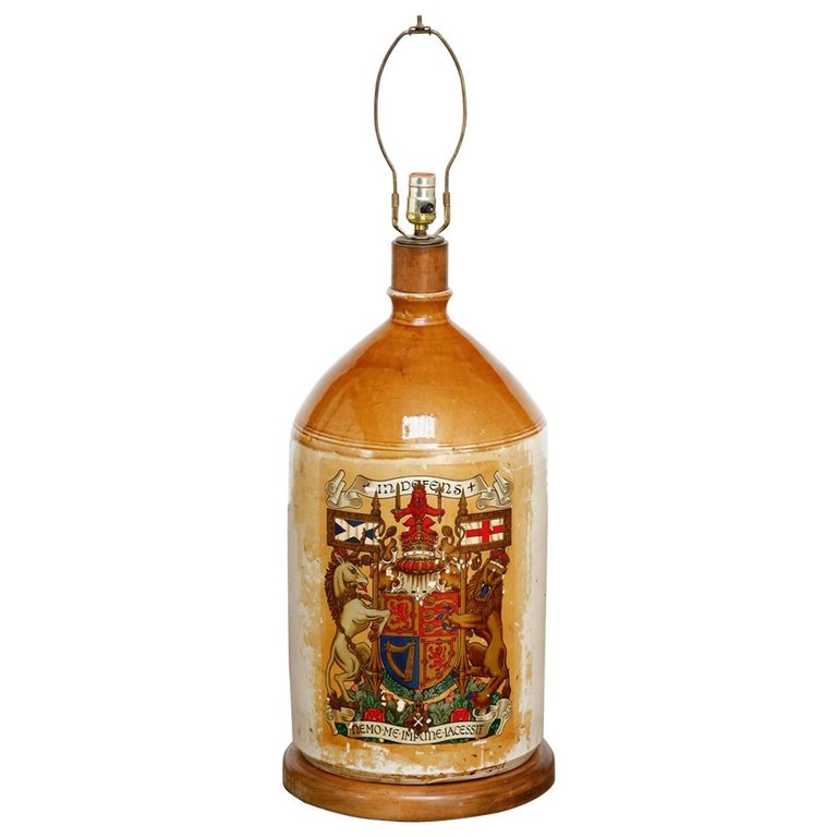 Glazed Ceramic Crock Lamp with English Royal Coat of Arms