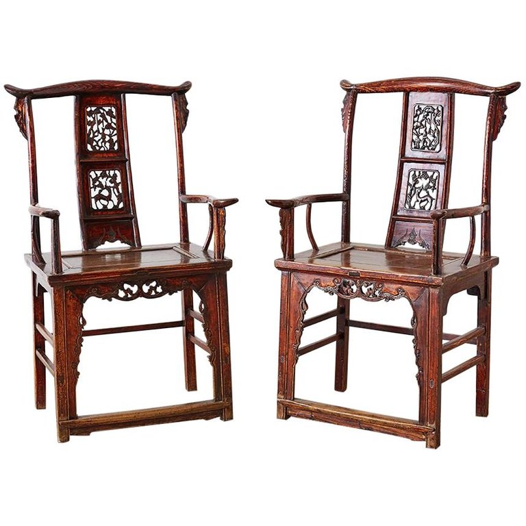 Pair of Chinese Elm Yoke Back Officials Hat Chairs