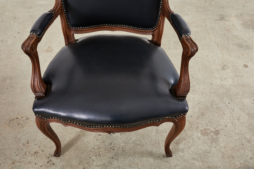 Mid-Century French Louis XV Carved Cane Desk Armchair with Leather