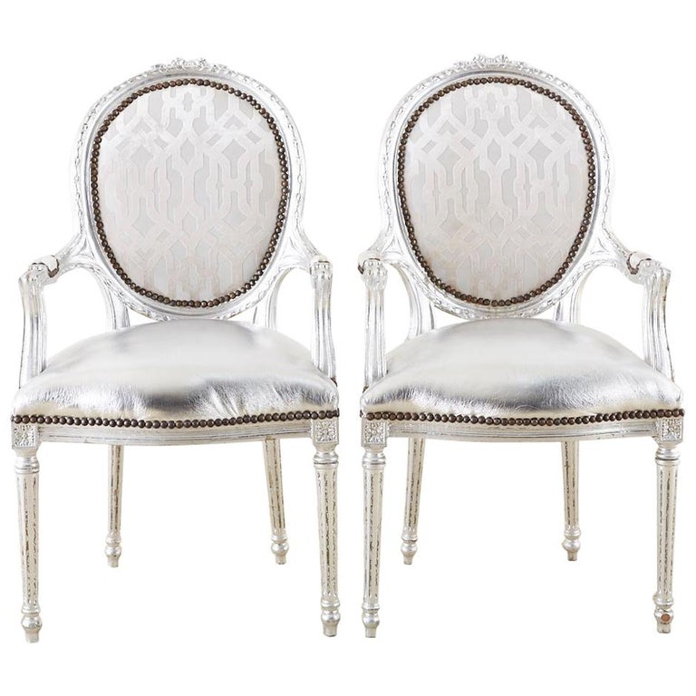 Pair of French Louis XVI Style Silver Leaf Metallic Armchairs