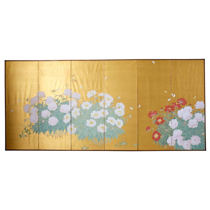 Japanese Six-Panel Meiji Screen Flowering Peonies and Butterflies
