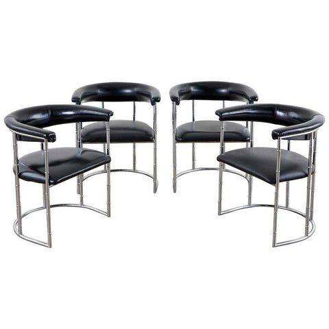 Set of Four Midcentury Chrome Faux Bamboo Barrel Chairs