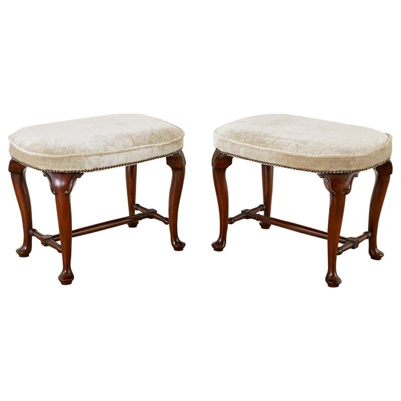 Pair of Queen Anne Style Mahogany and Velvet Footstools