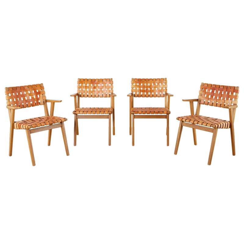 Set of Four French Leather Strap Dining Armchairs