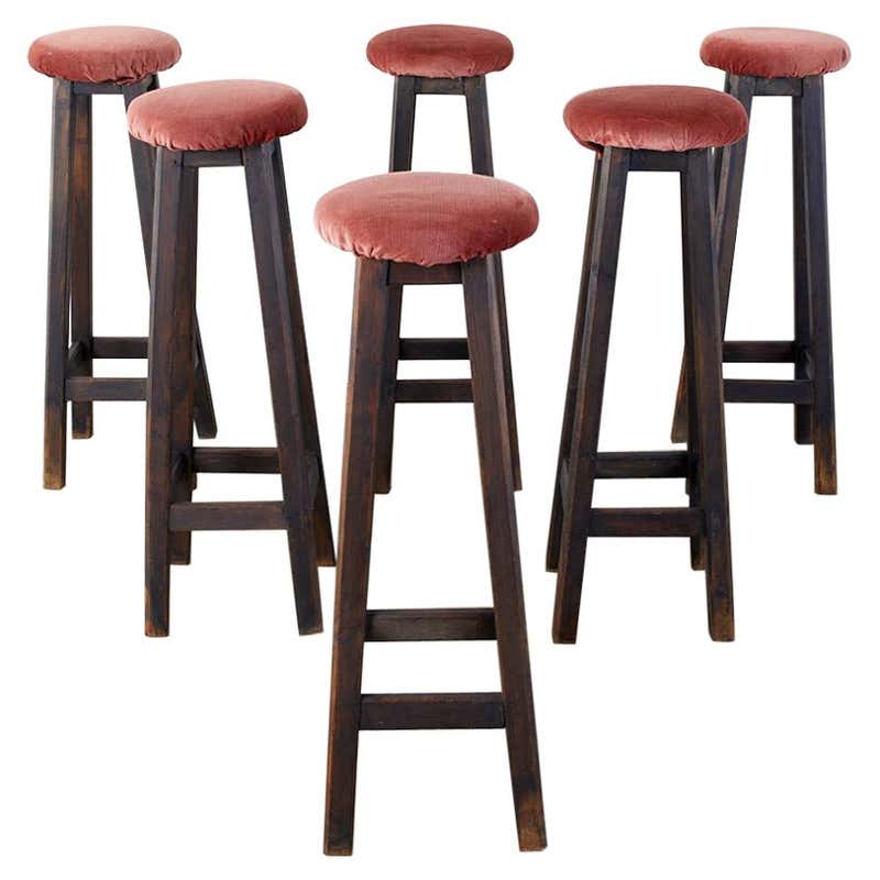 Set of Six Tall Matching Oak Pub Bar Stools
