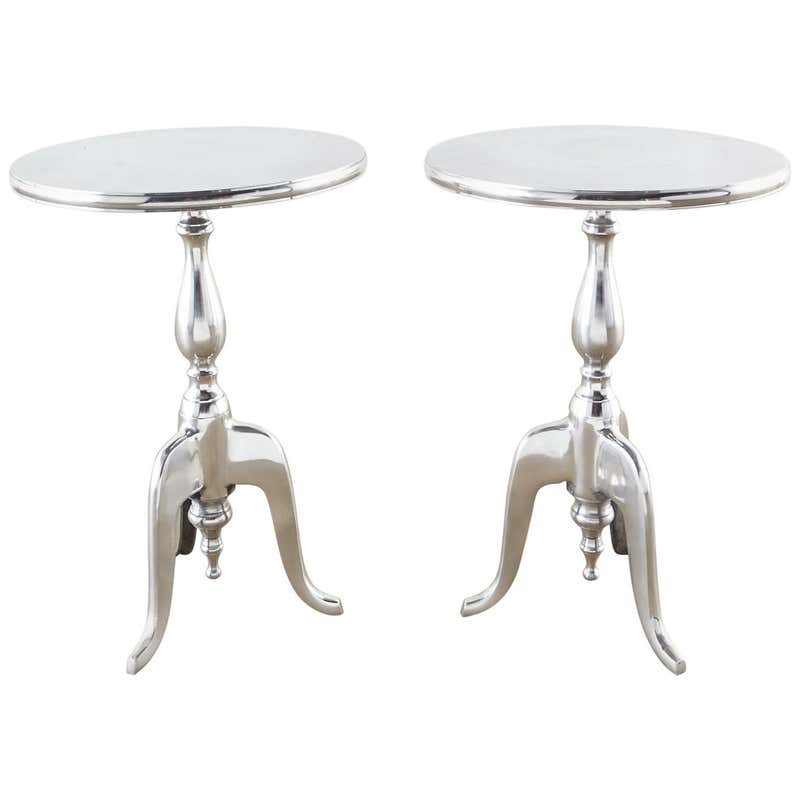 Pair of Polished Metal Round Pedestal Drink Tables