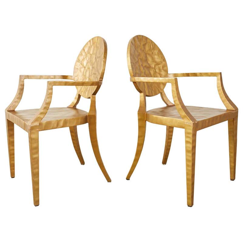 Pair of Daphne Gilt Hammered Iron Dining Chairs