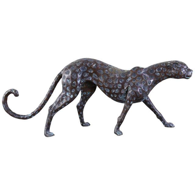 Hollywood Regency Style Patinated Bronze Cheetah Sculpture
