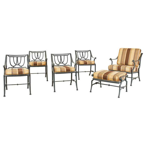 Set of Six Neoclassical Style Garden Armchairs with Ottoman