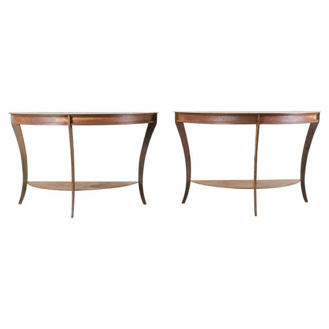 Pair of Patinated Iron Demilune Console Tables