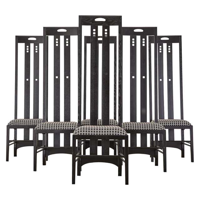 Set of Six Mackintosh Style High Back Ebonized Dining Chairs