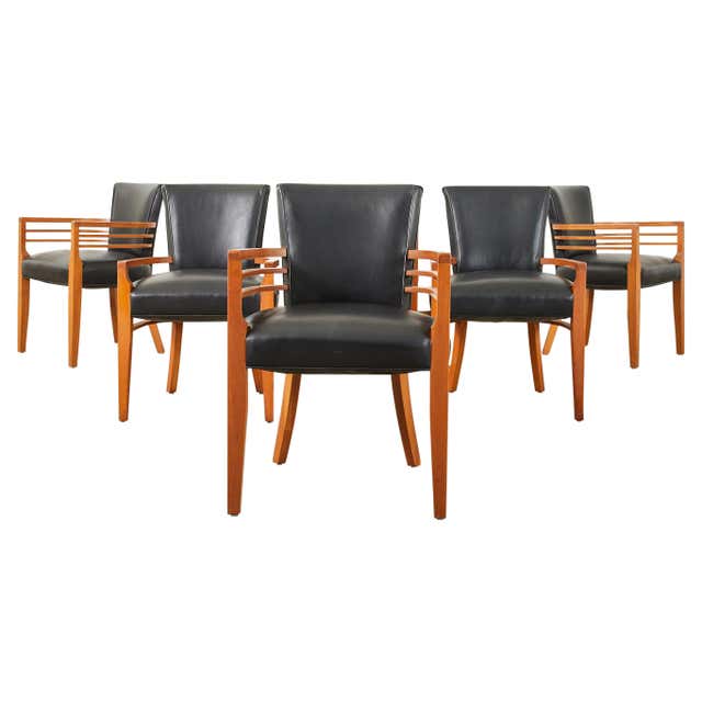 Set of Six Knoll Art Deco Style Leather Dining Armchairs