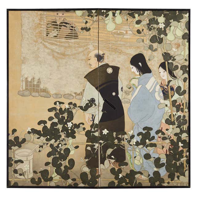 Japanese Taisho Two Panel Screen Figures in the Garden