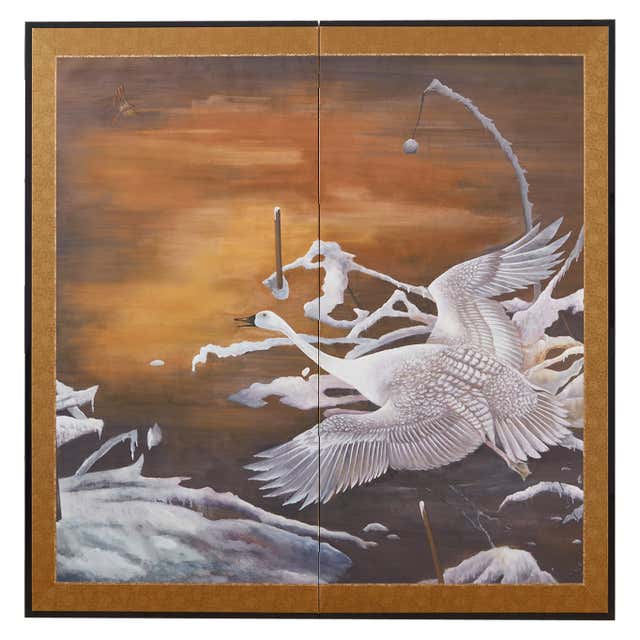 Japanese Style Two-Panel Screen Winter Goose in Flight