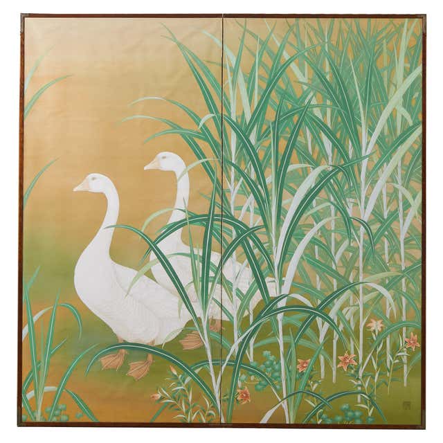 Japanese Meiji Two Panel Screen Geese and Reeds