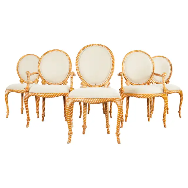 Set of Six Napoleon III Style Faux Rope Cerused Dining Chairs