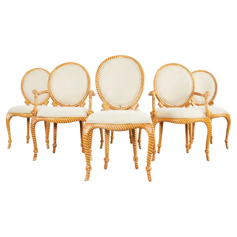 Set of Six Napoleon III Style Faux Rope Cerused Dining Chairs