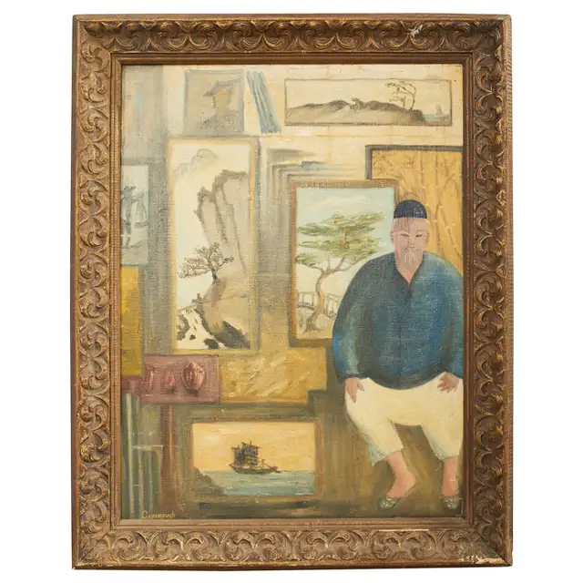 Midcentury Painting of an Asian Artist in His Studio