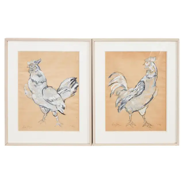 Pair of Ira Yeager Paintings of Chickens 1995