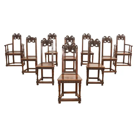 Set of Ten French Baroque Style Walnut Masked Dining Chairs