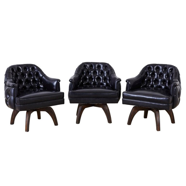 Set of Three Mid Century Tufted Black Leatherette Club Chairs