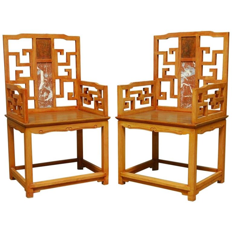 Pair of Chinese Ming Style Armchairs with Dali Marble Inset