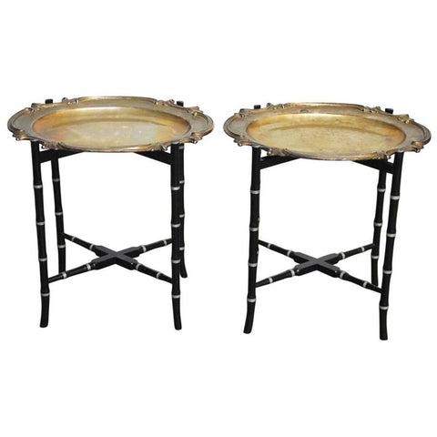 English Silver-Plate Tray Tables on Faux Bamboo Stands