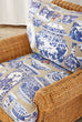 Wicker Rattan Settee and Armchair Chinoiserie Blue and White Upholstery
