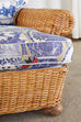 Wicker Rattan Settee and Armchair Chinoiserie Blue and White Upholstery