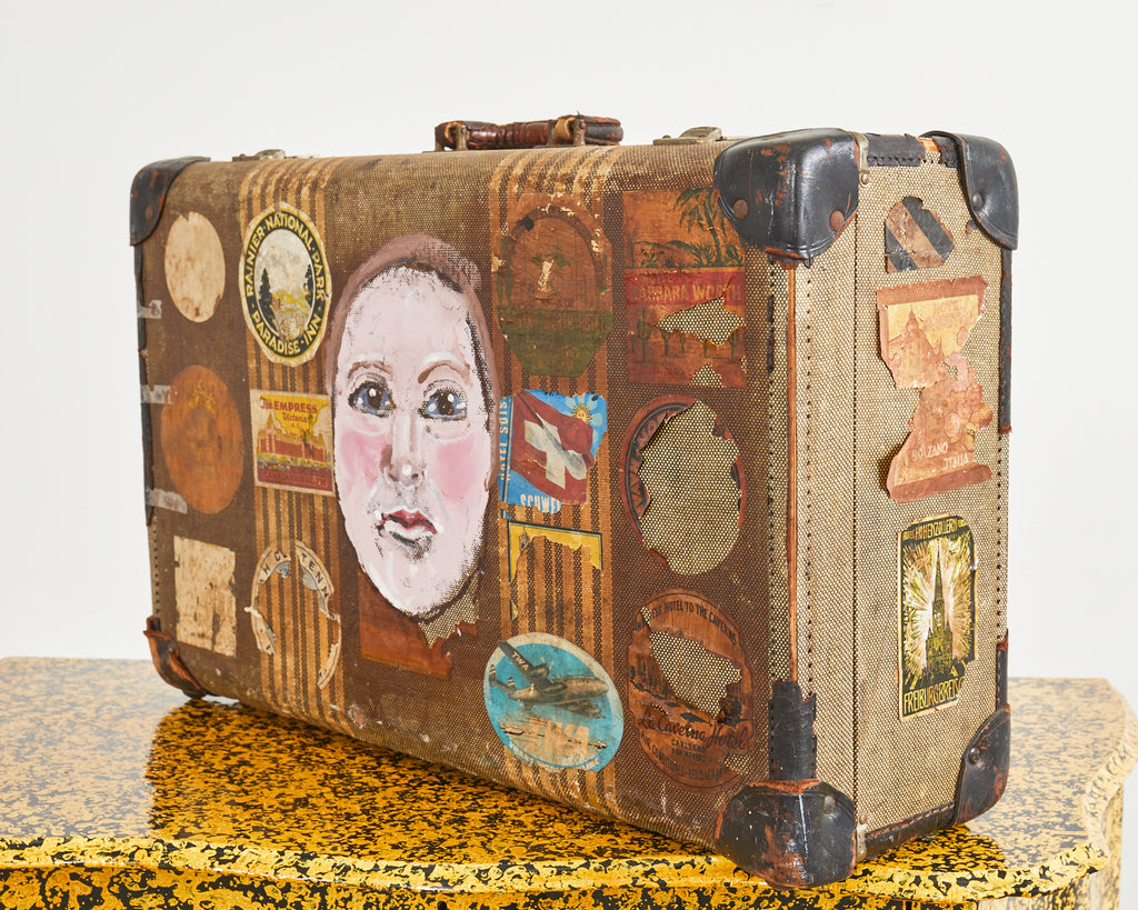 Folk Art Painted Face Suitcase by Artist Ira Yeager Erin Lane Estate