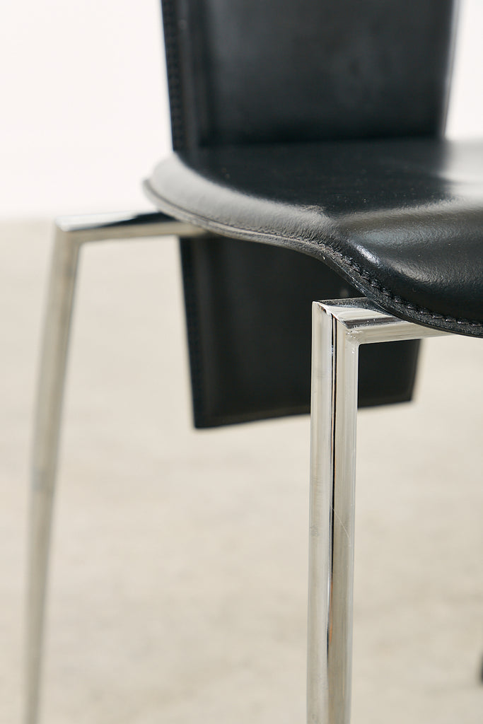 Set of Six Italian Arper Modern Leather Chrome Dining Chairs